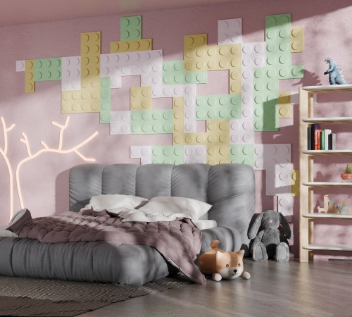 Nowoczesny salon z panelami ściennymi 3D MOVO – MOVO LEGO 4, aranżacja wnętrza